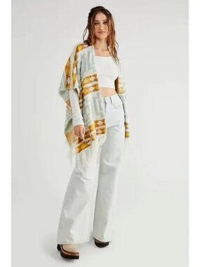 ☀️ Free People Diamondback Cozy Kimono Poncho Ivory Blue Gold NWT One Size